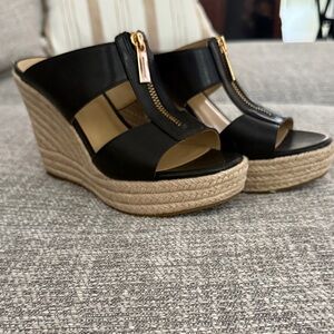 MICHAEL Michael Kors Black and Gold Wedge Sandals